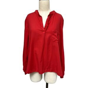 A Shirt Thing Ruffle V-Neck Split Blouse Long Sleeve Red Medium